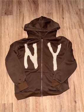 Men’s Brown Hooded Zip Sweater with White NY Letters